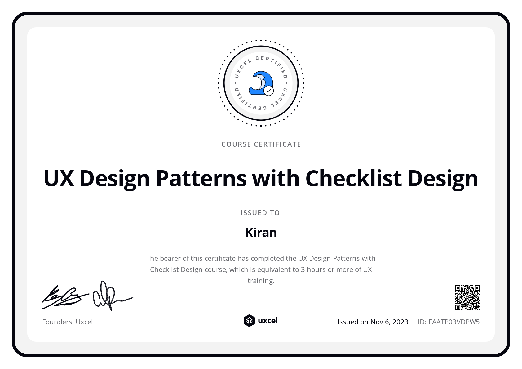 Kiran's certificate